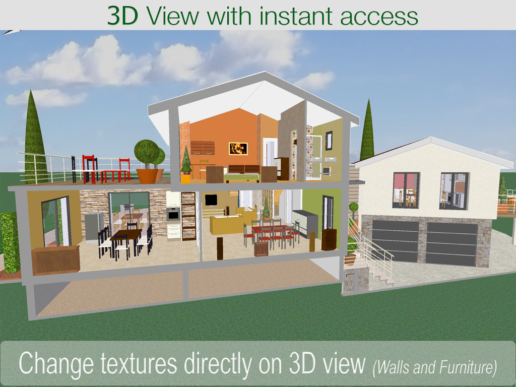 ArchiTouch 3D - Home Design - Uma seção transversal 3D de um design de casa de vários andares mostrando móveis e texturas internas