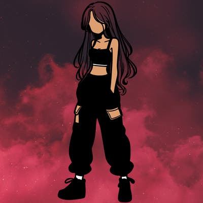 girl in baggy pants crop top and long hair