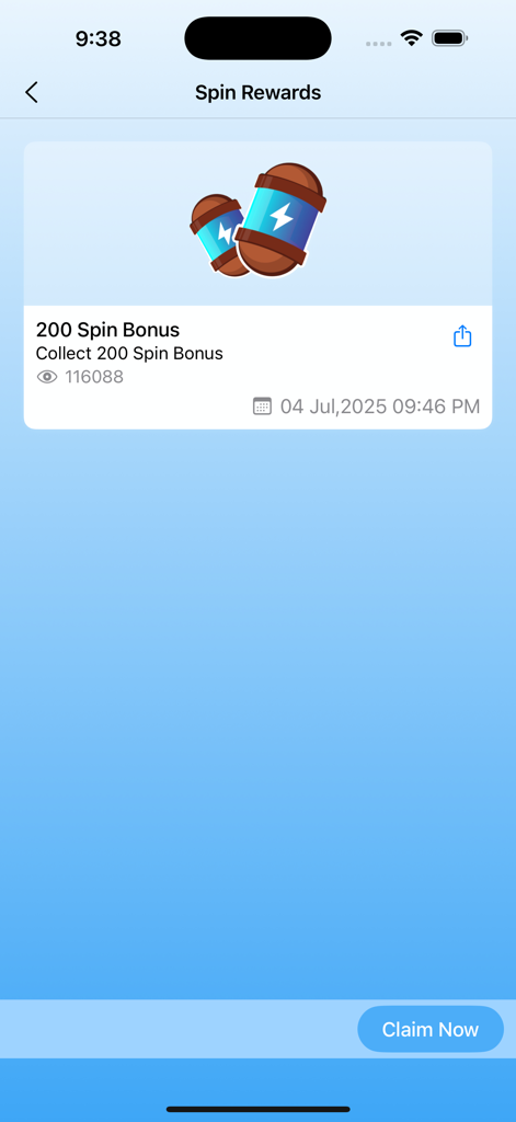 Pantalla de la aplicación Spin Rewards que muestra una bonificación de 200 giros para Coin Master.
