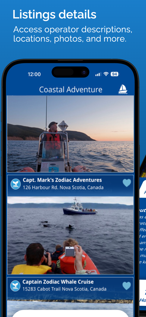 Visit Cape Breton 모바일 앱 인터페이스가 노바스코샤의 고래 관찰 크루즈와 같은 해안 모험 활동 목록을 보여줍니다.