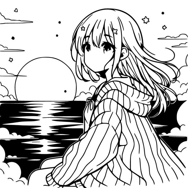 anime girl beside sun set