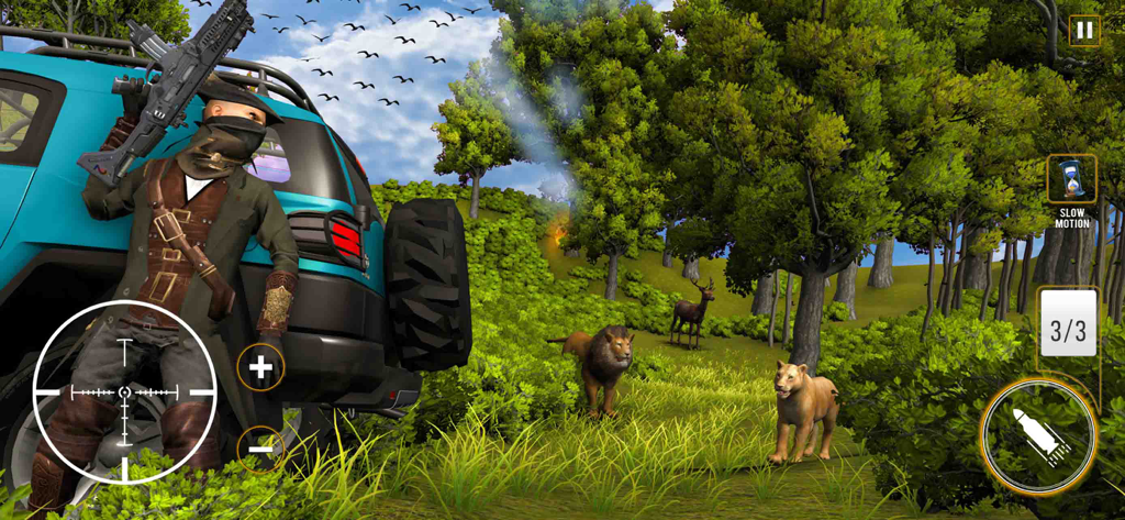 Wild Animal Deer Hunting Game - A sniper hunter with a rifle standing by a 4x4 vehicle aiming at lions and deer in a forest