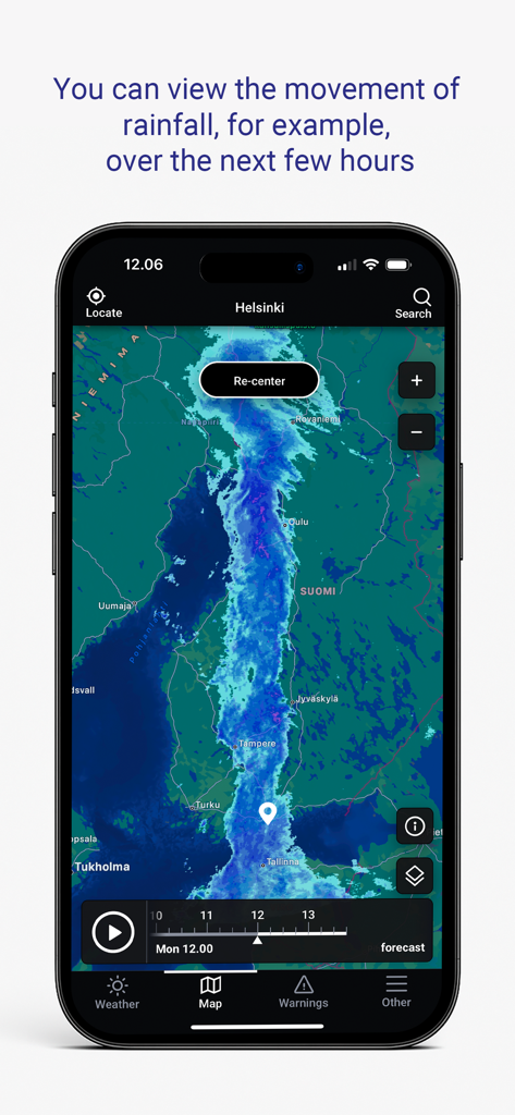 Interactive rainfall movement map on the FMI Weather app showing precipitation forecast over Finland