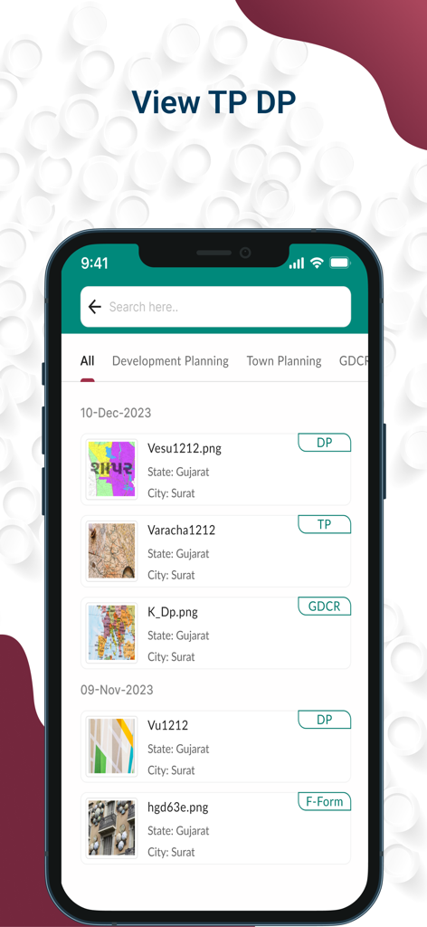My Estate Point India - My Estate Point India app screen displaying Town Planning and Development Planning documents for Surat Gujarat