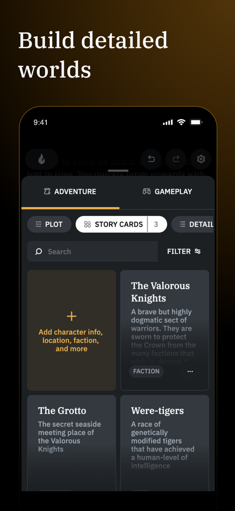 세계 구축 및 캐릭터 관리를 위한 스토리 카드를 보여주는 AI 던전의 인터페이스