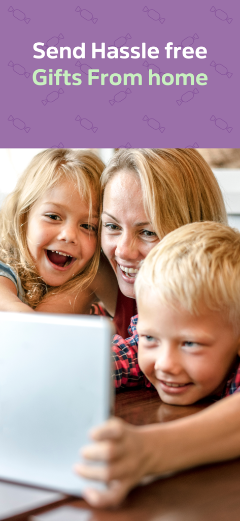 CandyExpress Candy app - A mother and her two children smiling while using a tablet to send candy gifts from home