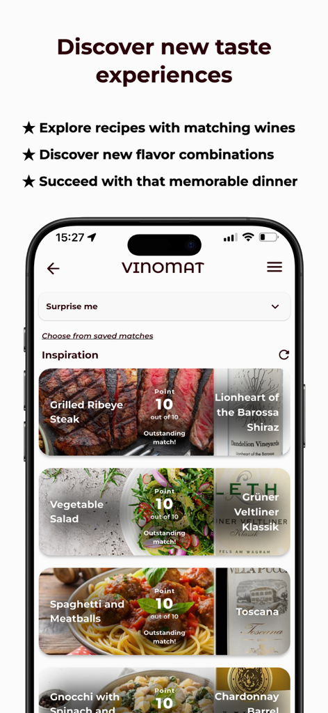 Vinomat mobile app interface showing wine and recipe pairing suggestions with inspiration scores