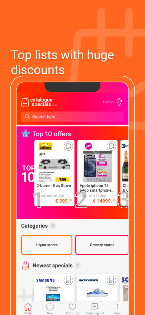 Mobile App-Oberfläche, die die Top-10-Angebote und Geschäftskategorien für Spirituosen und Lebensmittel zeigt