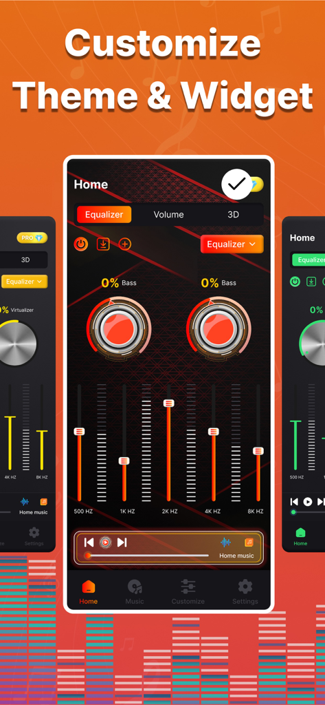 Volume Booster: Sound Booster - Volume Booster app showing customizable themes and sound equalizer widgets.