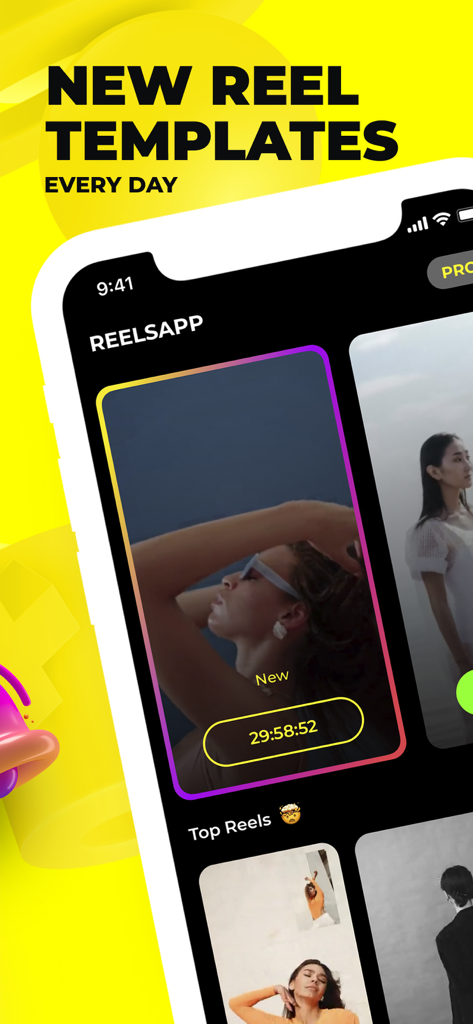 Reelsapp: reel & video editor - Reelsapp mobile interface showing a collection of new reel templates and top video styles for social media creators.
