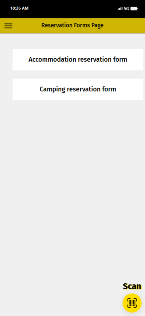 Armenistis - Interfaz de la app Armenistis que muestra opciones para formularios de reserva de alojamiento y camping.