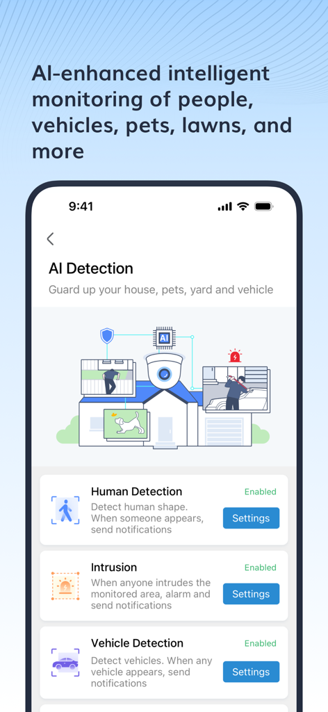 Aosu app interface showing AI detection settings for human and vehicle monitoring