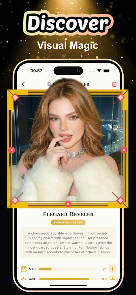 Tidal - Fun Game - Captura de pantalla móvil de la aplicación Tidal que muestra una foto de retrato siendo analizada por IA para crear un héroe de RPG llamado Elegant Reveler