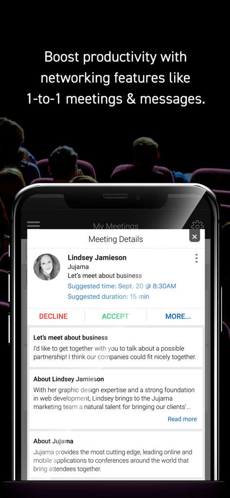 Jujama Connect - Interface of the Jujama Connect app showing a one-to-one meeting request from a professional contact with options to accept or decline.