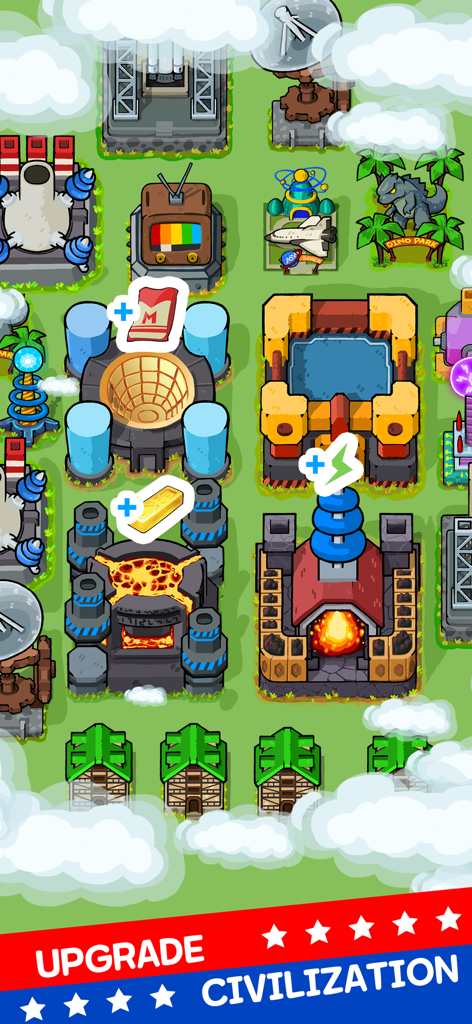 Zombie Mine - survival craft - Top-down perspective of a thriving city base in Zombie Mine with industrial buildings and resource icons