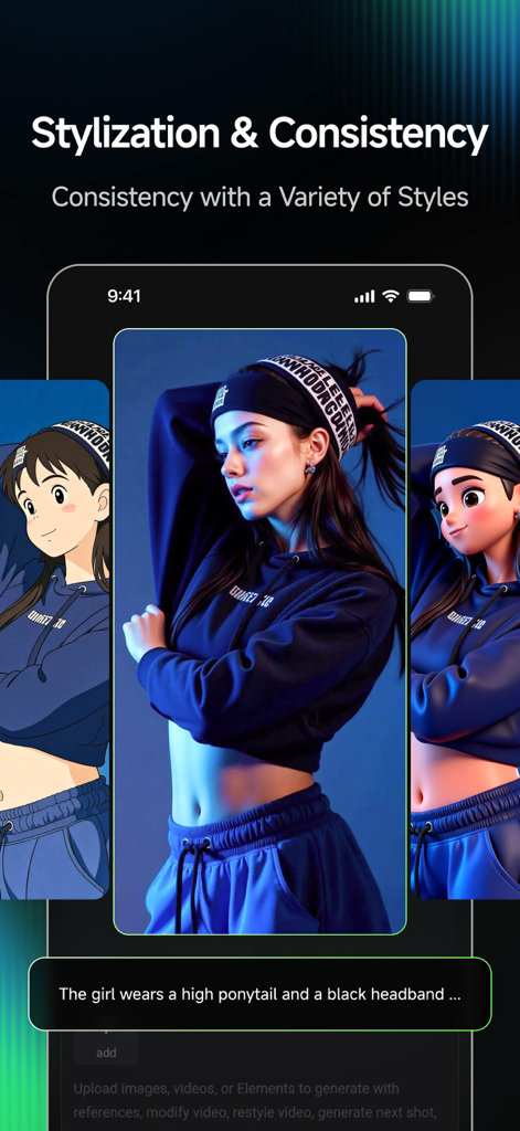 Kling AI: AI Image&Video Maker - Kling AI mobile app interface demonstrating character consistency across realistic, anime, and 3D visual styles.