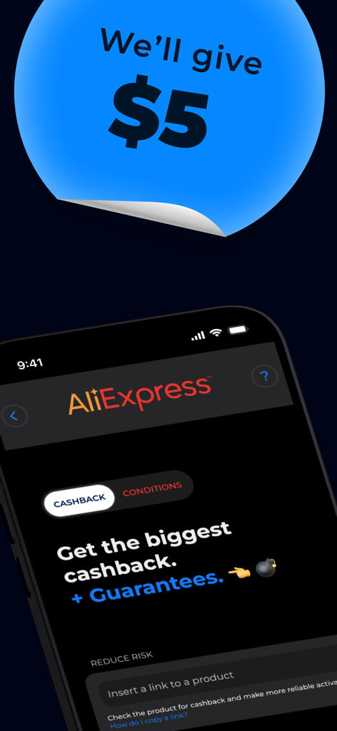 CashBack ZOZI: money back - Interfaz de la aplicación CashBack ZOZI promocionando un bono de 5 dólares y recompensas de compra en AliExpress