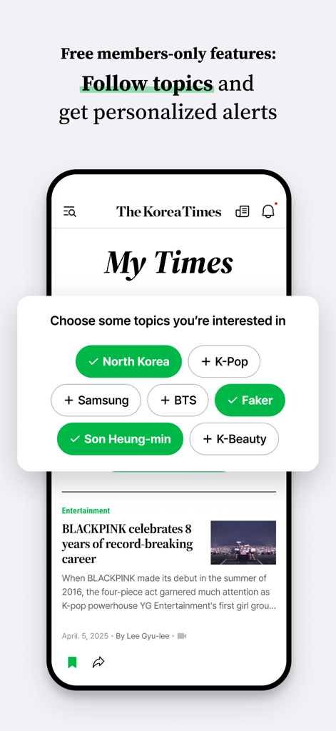 The Korea Times - The Korea Times app interface showing a list of interest topics for personalized news alerts including K-Pop and North Korea