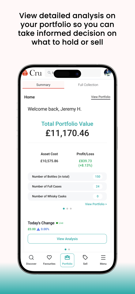 Cru World Wine app screen displaying a wine investment portfolio summary with total value and profit metrics