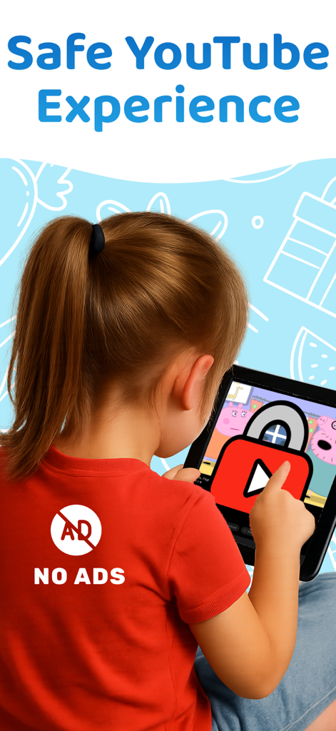 Kids Videos Mode for Youtube - Young girl using a tablet with a safe ad free YouTube interface for kids