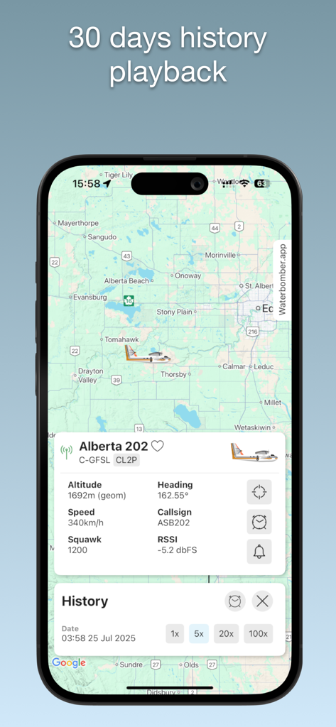 Waterbomber Wildfire Tracker App-Oberfläche mit Flugverlaufs-Wiedergabe und technischen Details für ein Löschflugzeug