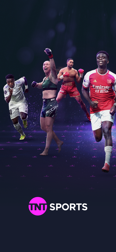 TNT Sports: News & Results - TNT Sports App-Startbildschirm mit Fußball-, UFC- und Boxkämpfern