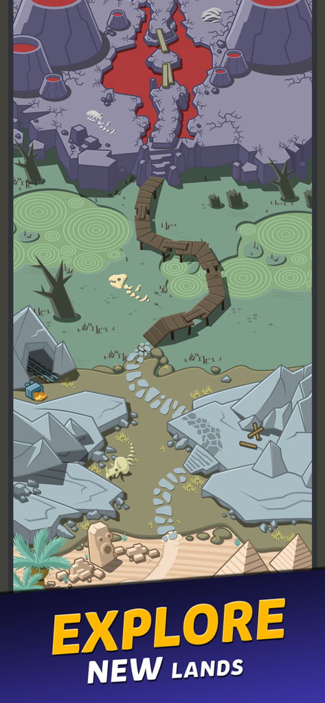 Crazy Dino Park - Mapa del juego móvil Crazy Dino Park que muestra diversos entornos prehistóricos, incluyendo un desierto, un pantano y una región volcánica con el texto Explora Nuevas Tierras.