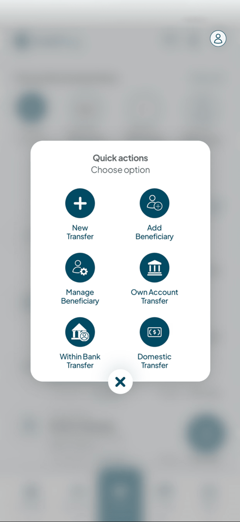 CBP - Menu des actions rapides dans l'application bancaire mobile CBP montrant les options de transferts et de gestion des bénéficiaires