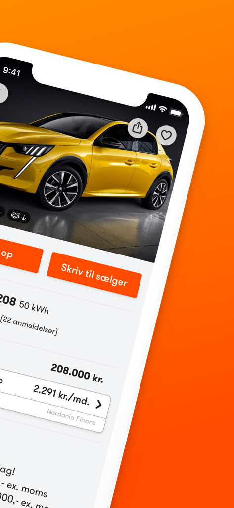 Detailed car advertisement on the Bilbasen app featuring a yellow vehicle and price information.