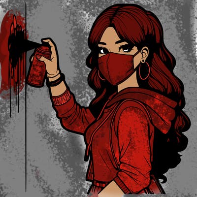 realistic girl with mask spray painting a wall