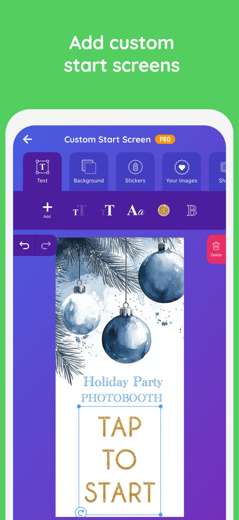 Interface of Mini Photobooth app showing the custom start screen editor for a holiday party