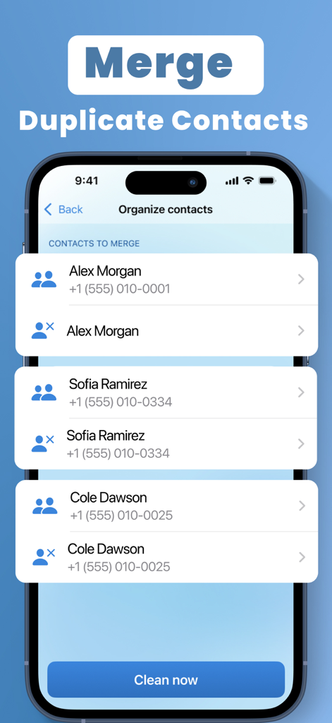 Aura Cleaner: Clean Up Storage - Interfaz de la aplicación Aura Cleaner mostrando una lista de contactos duplicados para fusionar en un iPhone