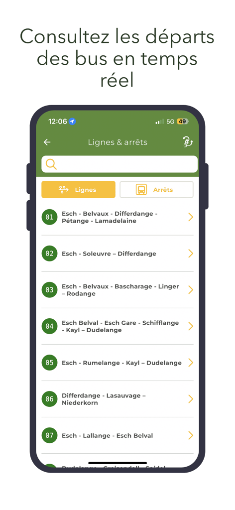 Interface de l'application TICE affichant une liste de lignes de bus et les horaires en temps réel