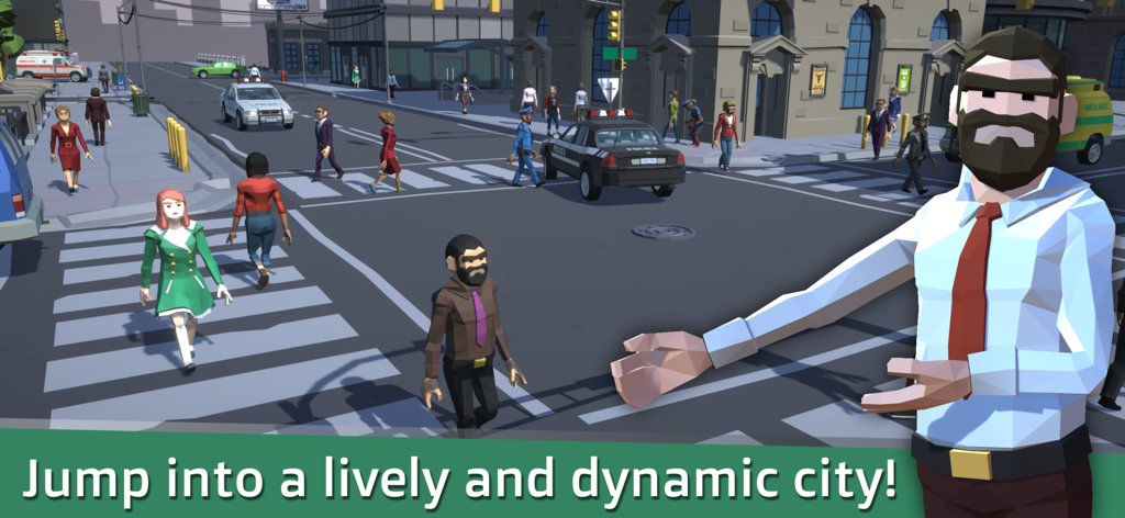 Sandbox City - A low-poly 3D city environment with pedestrians and cars in the game Sandbox City