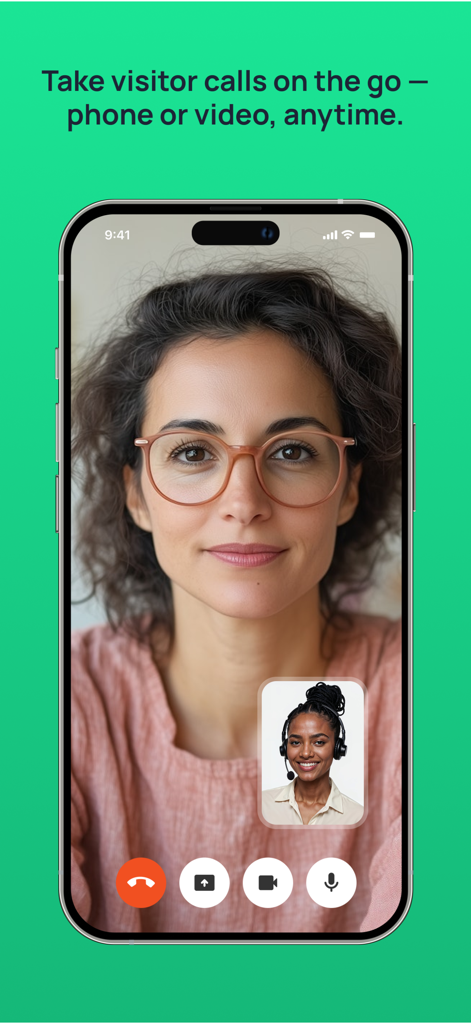 Virtual Front Desk Mobile - Mobile app interface showing a virtual receptionist greeting a visitor via a high-quality video call