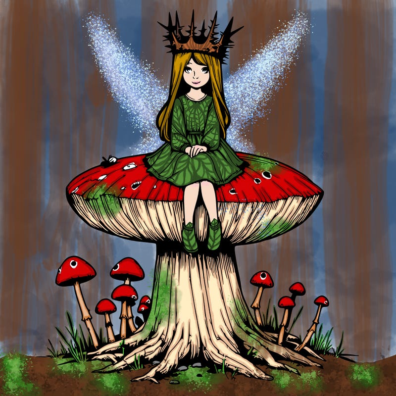 realistic girl sitting on a huge tree stump size toadstool with thorn crown