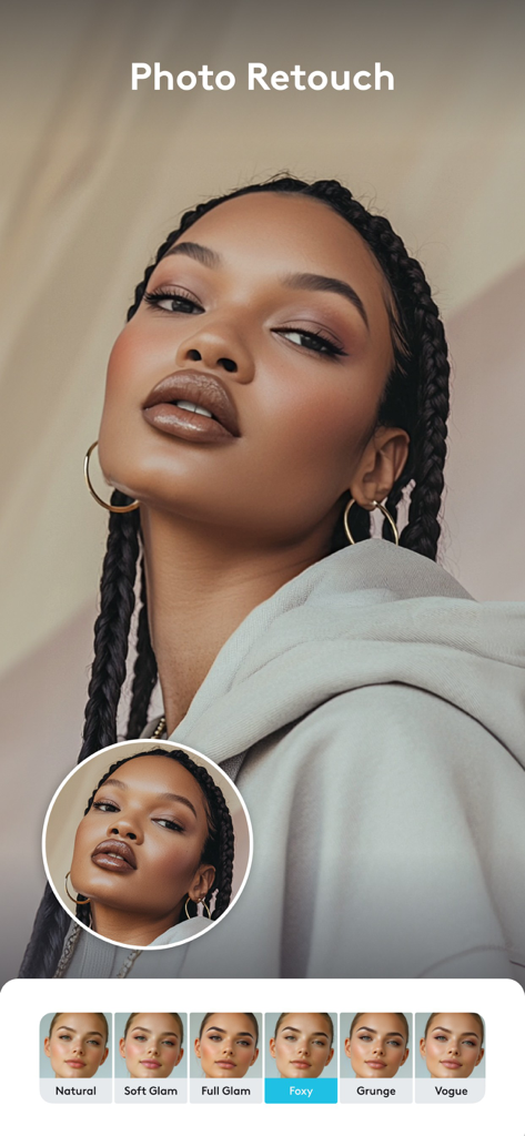 A woman using the Facetune app photo retouch interface with makeup style presets