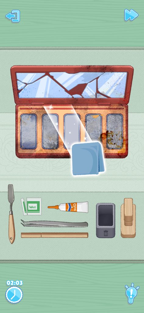 Tidy Up: Perfect Games - A satisfying puzzle level showing a dirty makeup palette being cleaned with a blue cloth and specialized tools