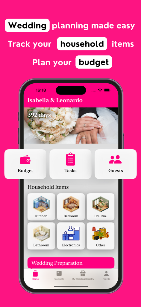 MeMarry: Wedding Planner - MeMarry app dashboard showing wedding countdown budget tasks and household item categories