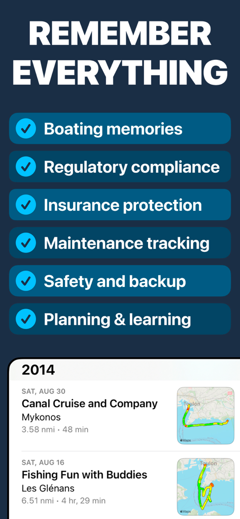 Boating Logbook: Skipper - Un resumen de las características de Diario de Navegación Skipper que incluyen seguimiento de mantenimiento e historial de viajes