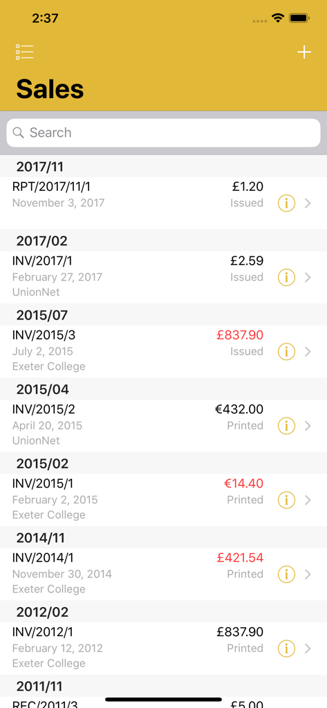 MyInvoice app interface showing a chronological list of issued and printed sales invoices with amounts and dates.