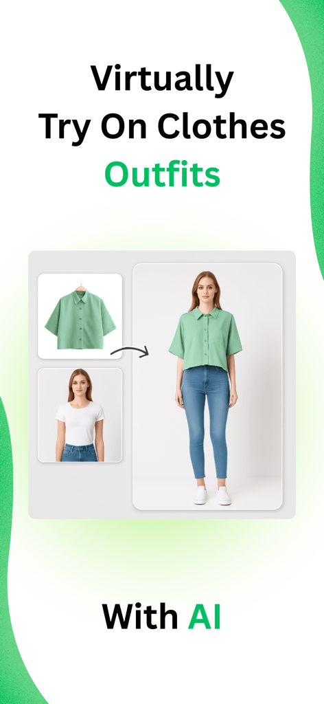 A visual demonstration of the TryOn AI app showing how a green shirt is virtually placed on a person using artificial intelligence.