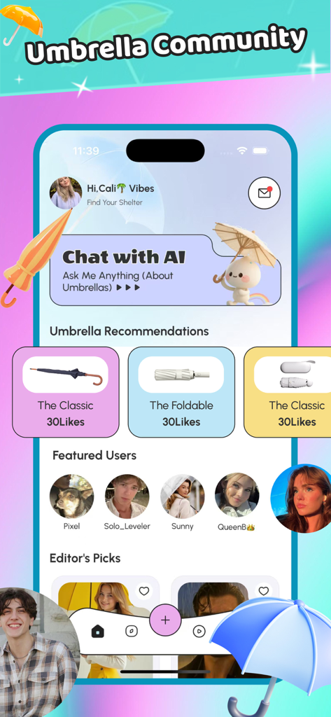 Faniy-Umbrella Making Chat - Interfaz de la aplicación Faniy que muestra el panel de la comunidad de paraguas con chat de IA y recomendaciones de productos.
