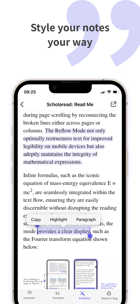 Smartphone screen of Scholaread app displaying text highlighting and note-taking features on an academic paper