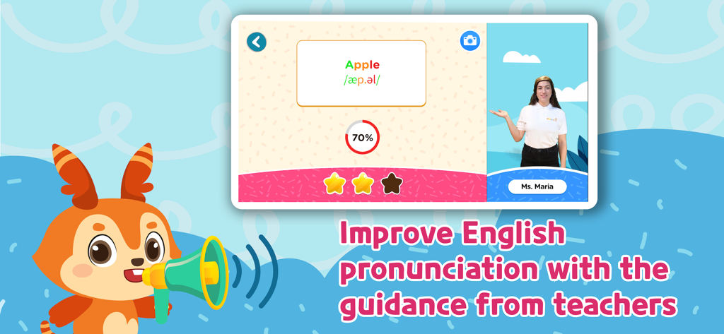 Interface of the English Games For Kids app showing a pronunciation lesson for the word Apple with teacher guidance