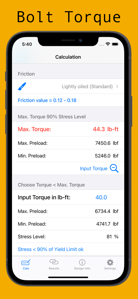 Bolt Torque - Mobile app interface of Bolt Torque showing maximum tightening torque and preload calculations for mechanical engineering.