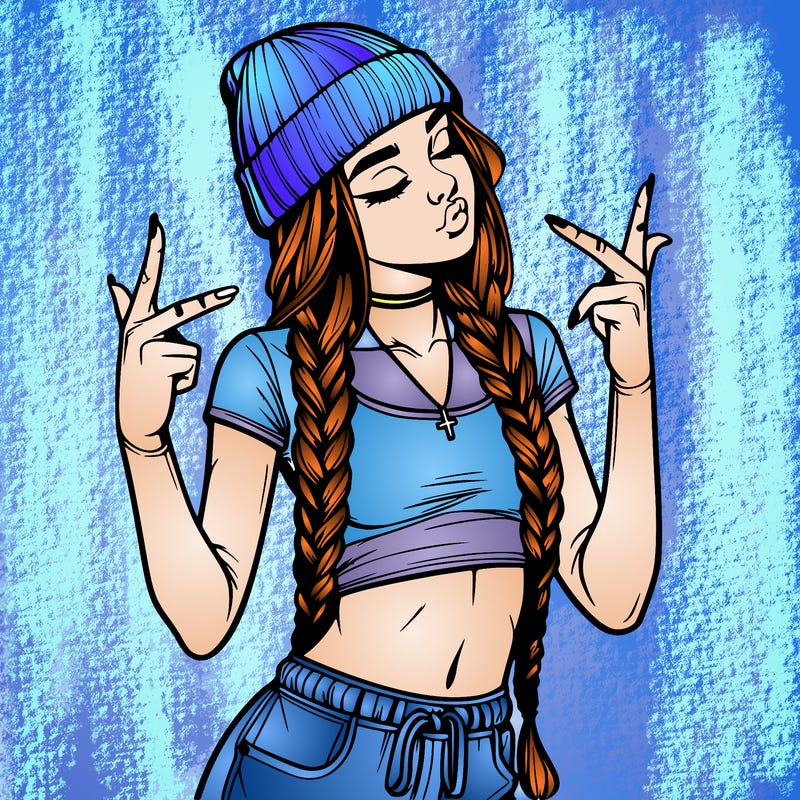 realistic teenage girl with braids and a beanie and crop top doing 🫶🏼