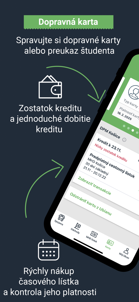 Interface de l'application mobile Ubian pour la gestion des cartes de transport public slovaques et du solde de crédit.