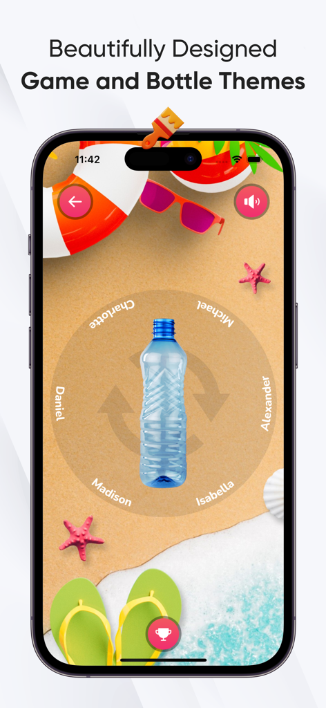 Spin the Bottle・Truth or Dare? - A mobile phone displaying a beach-themed spin the bottle game with player names and a plastic bottle in the center