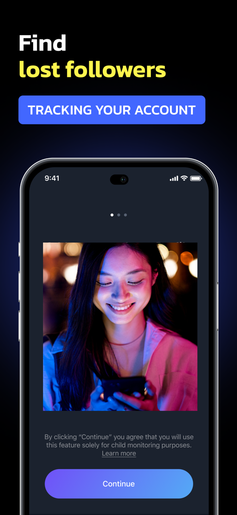 Reports,Followers Tracker AI - Tela de aplicativo móvel mostrando o recurso de encontrar seguidores perdidos com um botão de rastreamento da sua conta
